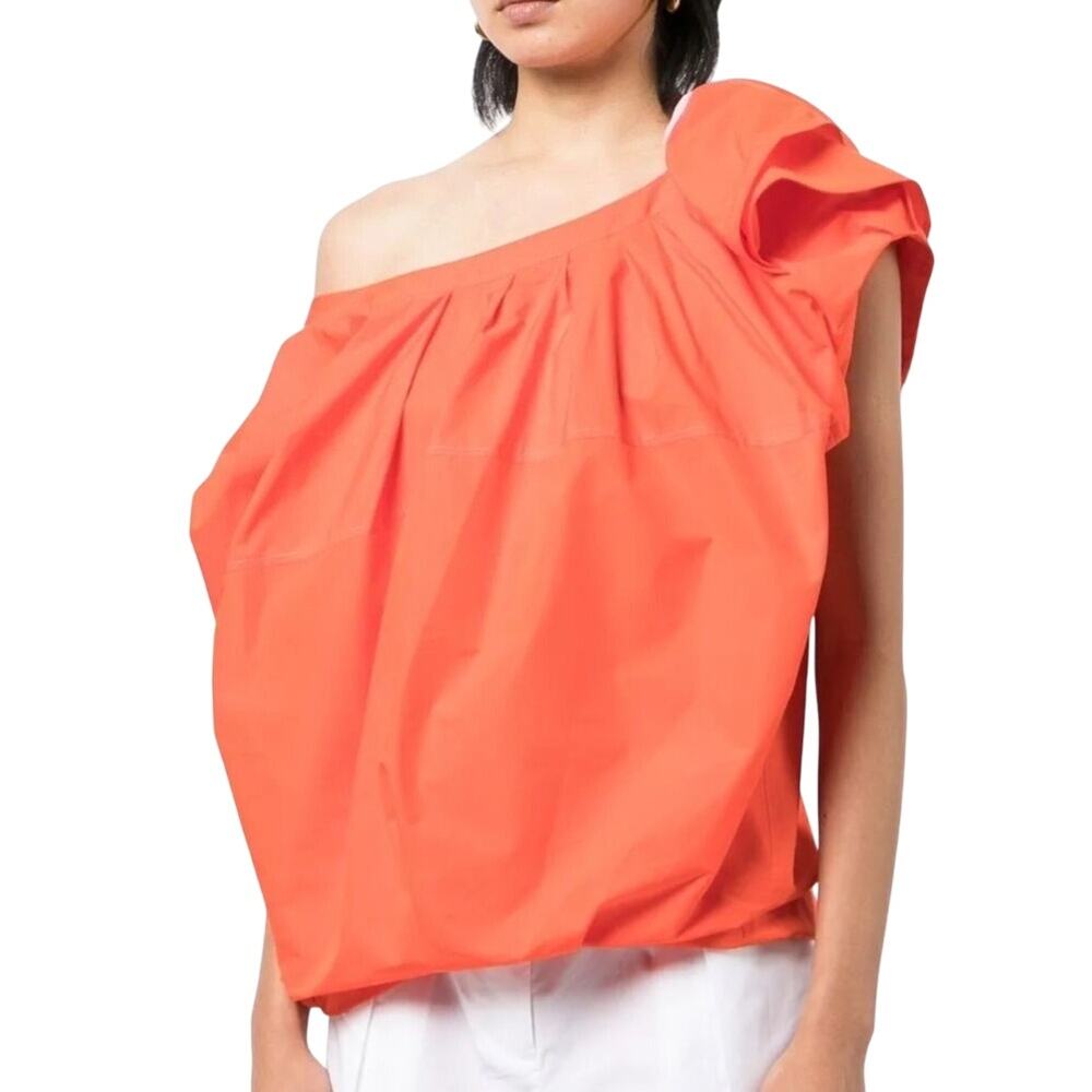3.1 Phillip Lim Tangerine Orange Poplin Off the Shoulder Puff Gathered Top